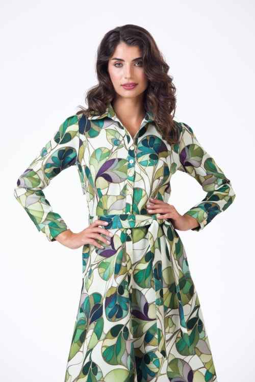 Rochie camasa cu maneca lunga imprimata in nuante de verde AW24 - Img 3