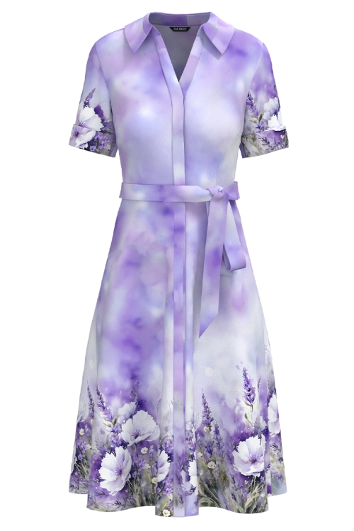 Rochie camasa din in cu buzunare si imprimeu lavanda