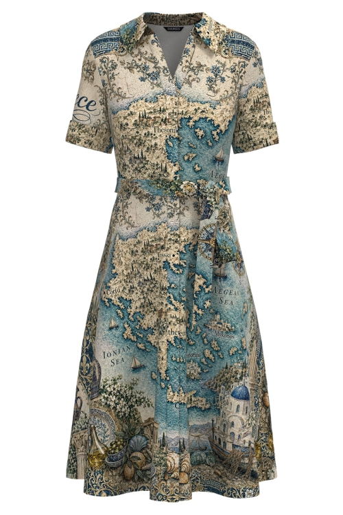 Rochie camasa din in cu maneca scurta imprimata Cartoline Grecia