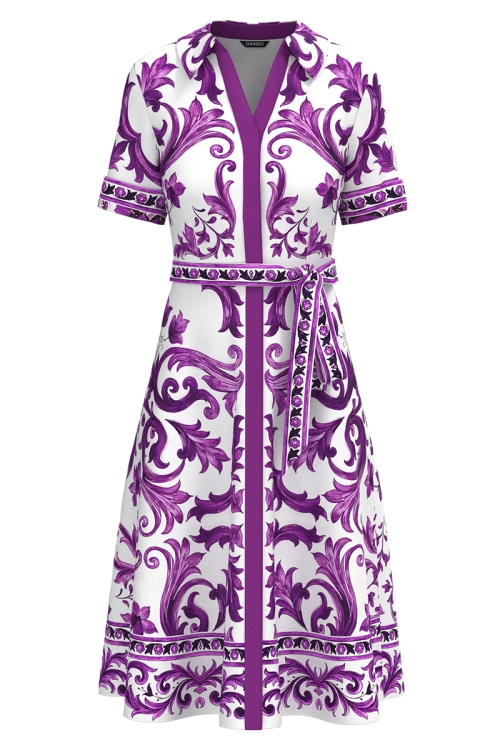Rochie camasa din in imprimeu mov cu buzunare