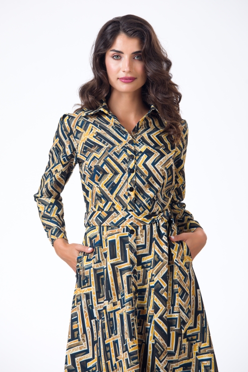 Rochie camasa maro cu maneca lunga imprimata geometric AW24 - Img 4