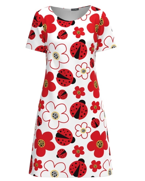 Rochie casual alba imprimata cu model flori si buburuze CMD2917