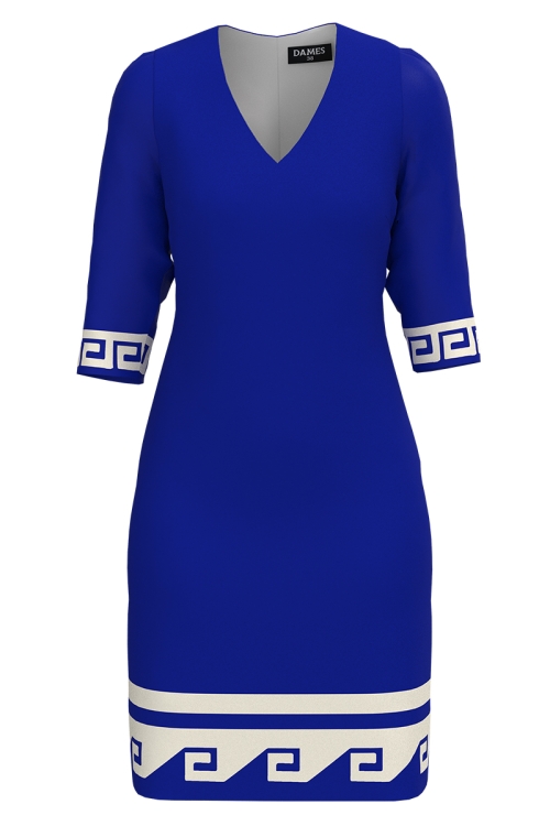 Rochie casual albastra cu decolteu in V imprimata Aztec
