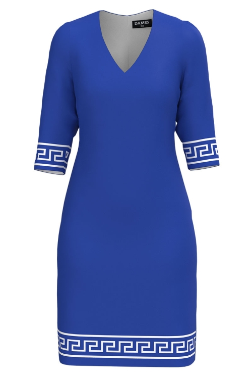 Rochie casual albastra cu decolteu in V imprimata baroc