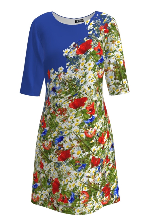 Rochie casual albastra imprimata digital Flori de camp - Img 2