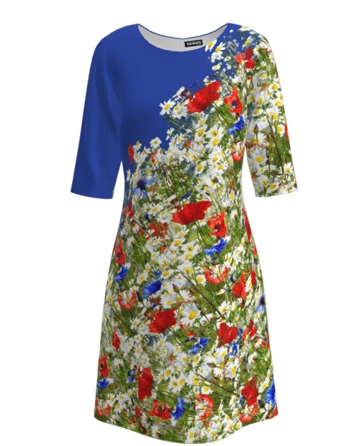 Rochie casual albastra imprimata digital Flori de camp