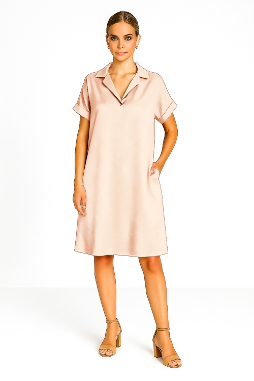 Rochie casual bej cu buzunare din vascoza satinata