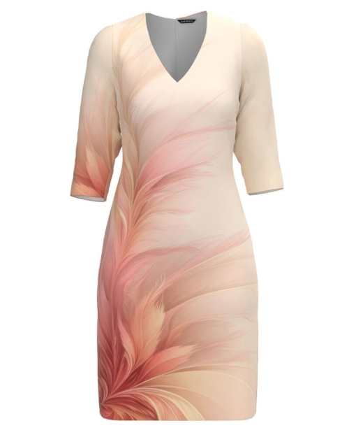 Rochie casual bej cu decolteu in V imprimata cu model abstract CMD4821