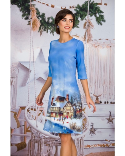 Rochie casual bleu imprimata Craciun CMD303 - Img 2
