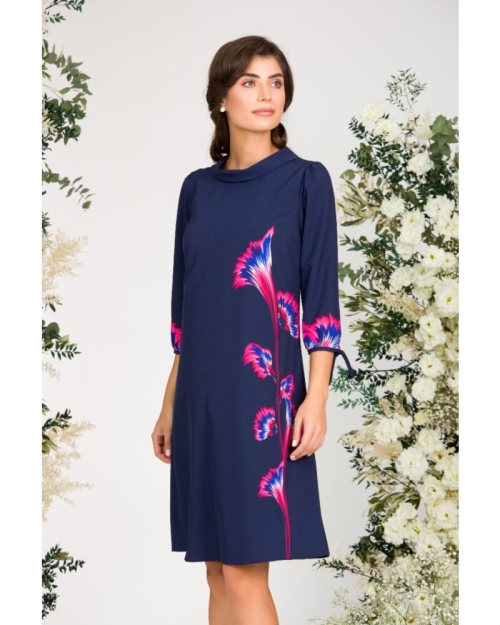 Rochie casual bleumarin cu maneca trei sferturi imprimata cu model floral CMD2671 - Img 3