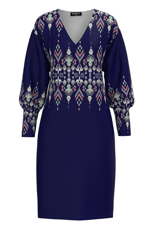 Rochie casual bleumarin din catifea cu imprimeu traditional
