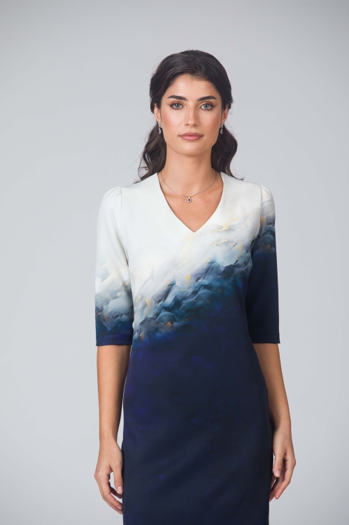 Rochie casual cu decolteu in V imprimata bleumarin in degrade - Img 2