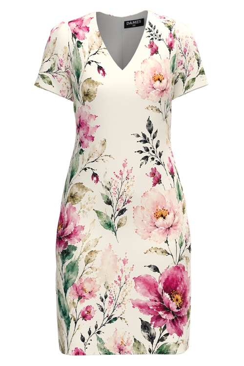 Rochie casual cu decolteu in V imprimata bujori de vara