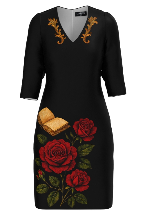 Rochie casual cu decolteu in V imprimata Noir Rose