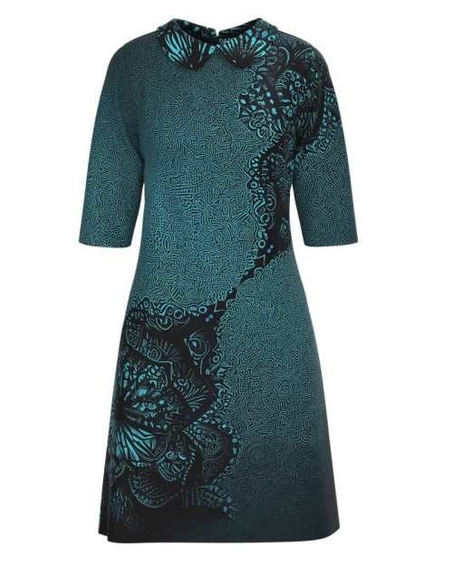 Rochie casual cu guler imprimata floral turcoaz CMD3639