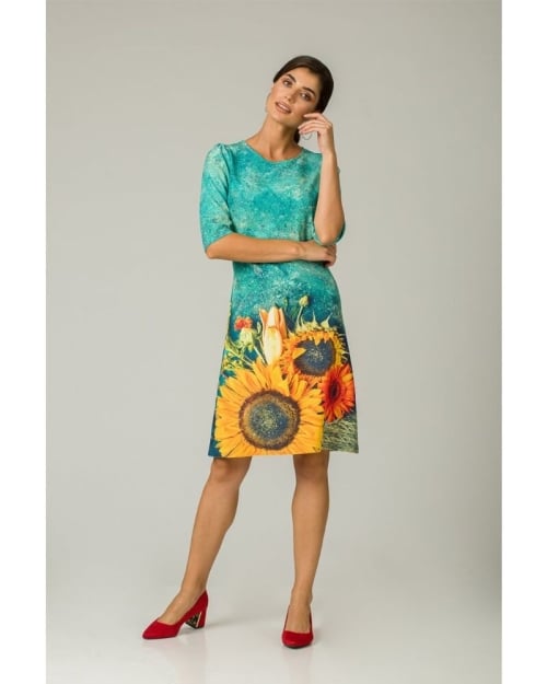 Rochie casual cu maneca imprimata digital Floarea soarelui CMD216 - Img 3