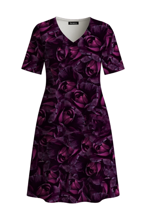 Rochie casual de vara cu buzunare imprimata lalea mov