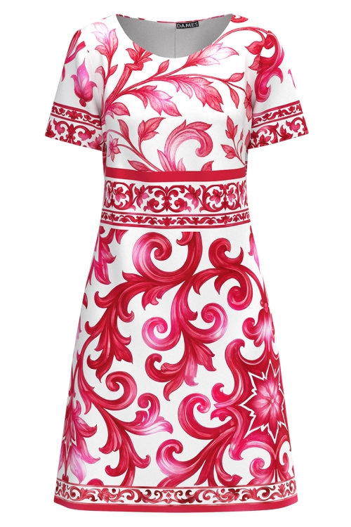 Rochie casual de vara cu imprimeu floral oriental rosu