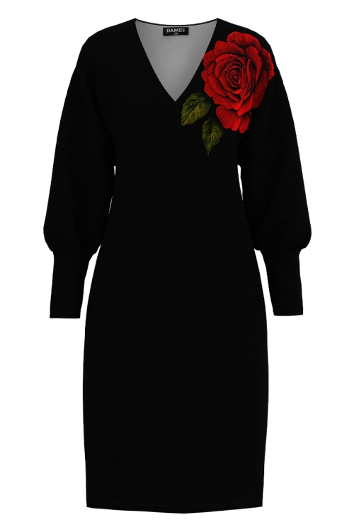 Rochie casual din catifea imprimata Noir Rose