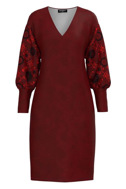 Rochie casual grena din catifea cu imprimeu floral