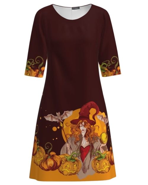 Rochie casual maro imprimata cu model Halloween Witch CMD3421