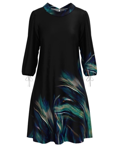 Rochie casual neagra cu maneca trei sferturi imprimata cu model abstract CMD4319