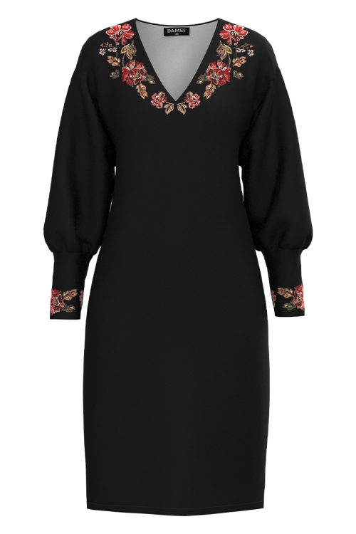 Rochie casual neagra din catifea imprimata cu model etnic floral SS25