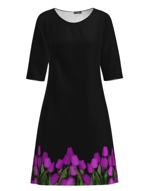 Rochie casual neagra imprimata Lalele CMD3978 - Img 1