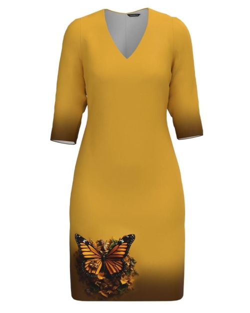 Rochie casual ocru cu decolteu in V imprimata Fluture CMD4824 Stoc