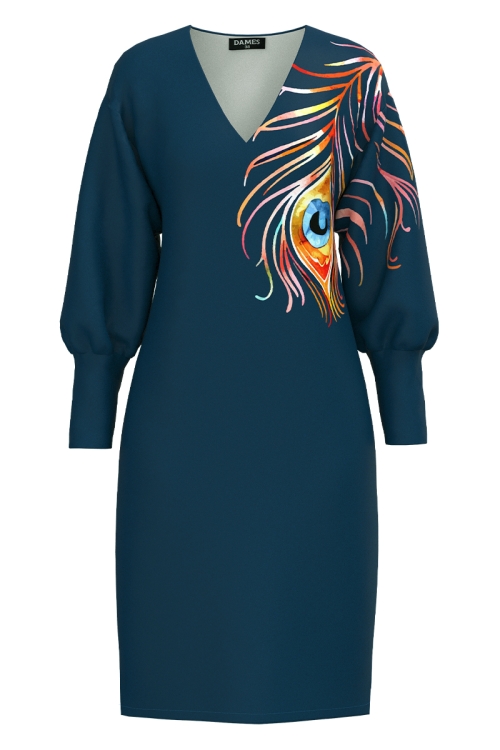 Rochie casual petrol din catifea cu imprimeu paun