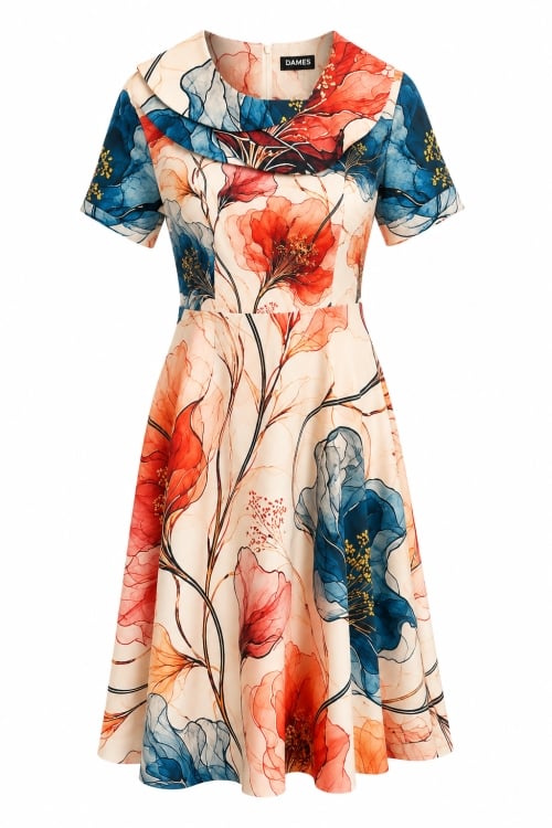 Rochie clos cu guler triplu si maneca scurta Gradina in acuarela