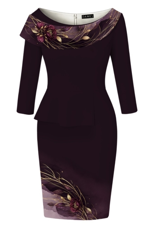 Rochie conica bordo inchis cu volan si detaliu floral