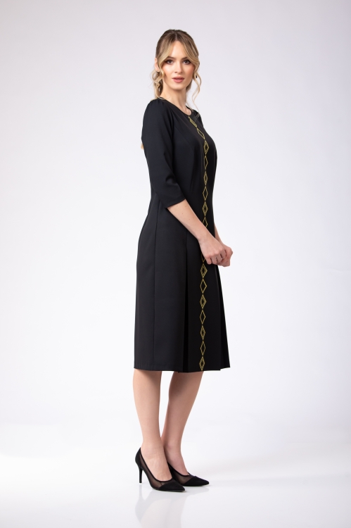 Rochie cu pliuri neagra imprimata infinit cu maneca trei sferturi - Img 3