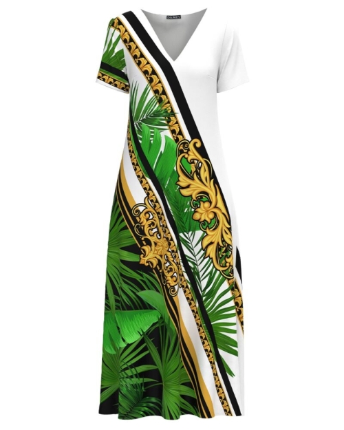 Rochie de vara alba lunga cu buzunare imprimata cu model Tropical CMD2954 - Img 1