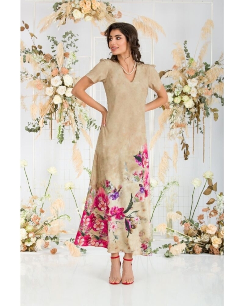 Rochie de vara bej lunga cu buzunare imprimata digital Floral CMD723 - Img 4