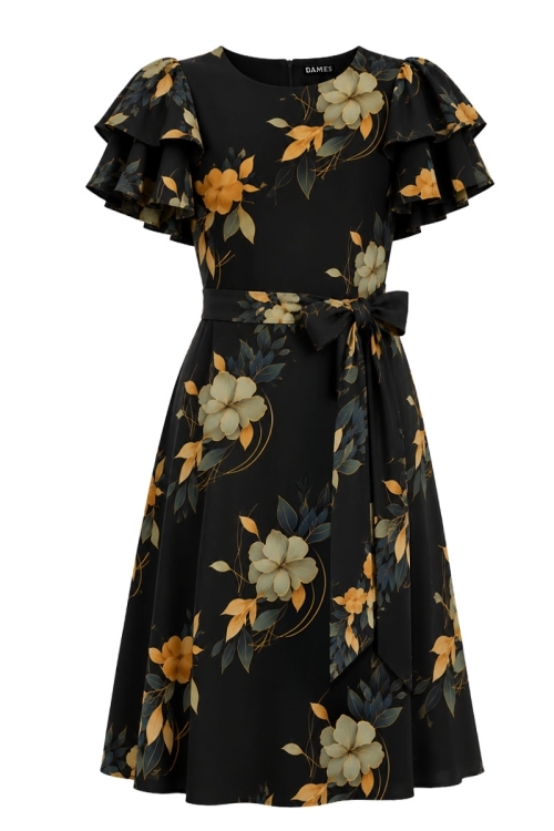 Rochie de vara cu volane la maneci si imprimeu Camelii