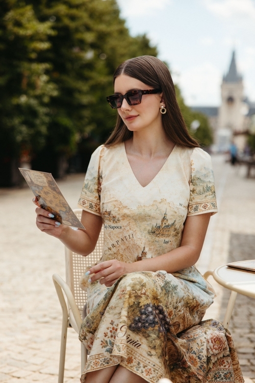 Rochie de vara lunga cu buzunare imprimata Cartoline Romania - Img 2