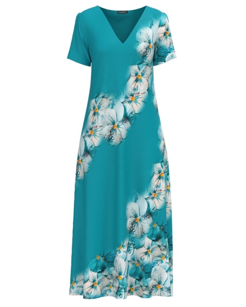 Rochie de vara turcoaz lunga cu buzunare imprimata cu model floral CMD2858
