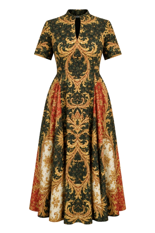 Rochie din in clos cu guler inalt si decolteu in V imprimata Regal