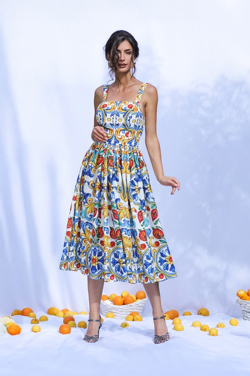 Rochie din in eleganta de vara cu bretele si imprimeu multicolor - Img 2