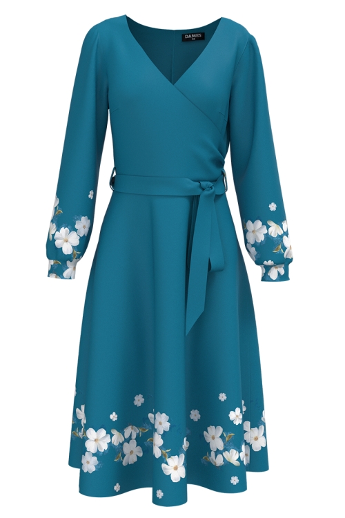 Rochie eleganta albastru marin cu maneca lunga imprimata floral SS25