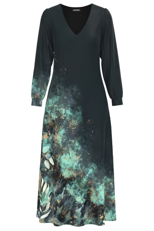 Rochie eleganta antracit cu maneca lunga si imprimeu Floral CMD1340 - Img 2