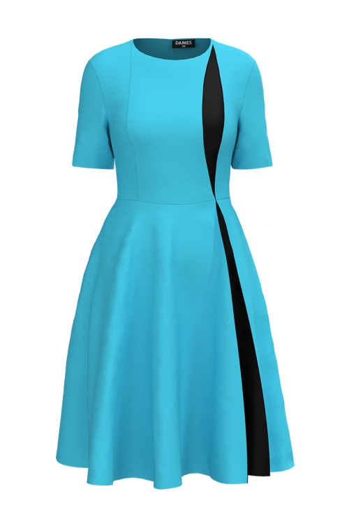 Rochie eleganta azuriu cu cu sectiune in contrast
