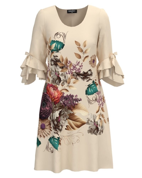 Rochie eleganta bej cu imprimeu floral si maneci trei sferturi cu volane
