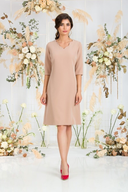 Rochie eleganta bej cu maneca trei sferturi CMD833