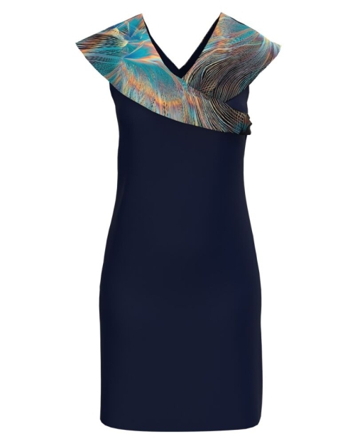 Rochie eleganta bleumarin cu decolteu si detalii pe umeri