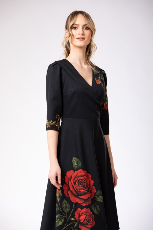 Rochie eleganta cu bust petrecut imprimata Noir Rose - Img 5