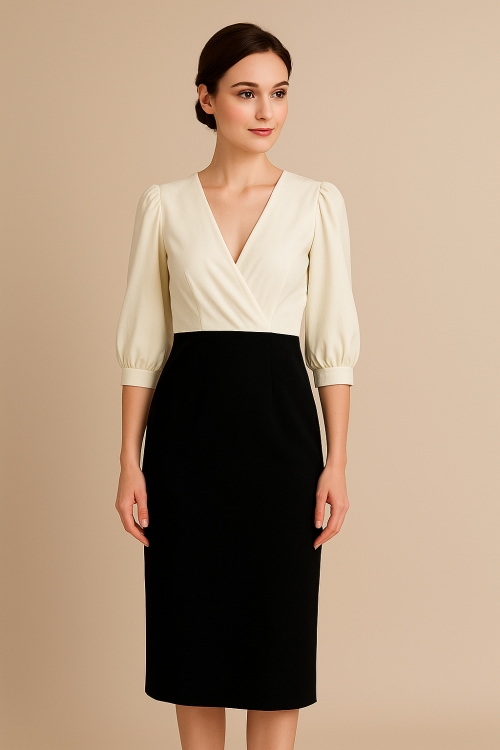 Rochie eleganta cu bust petrecut ivory si fusta conica neagra