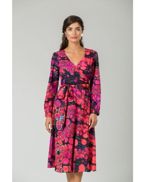 Rochie eleganta cu maneca lunga imprimata Abstract Fucsia CMD231 - Img 1
