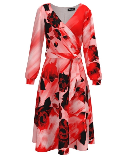 Rochie eleganta cu maneca lunga in nuante de corai imprimata trandafiri